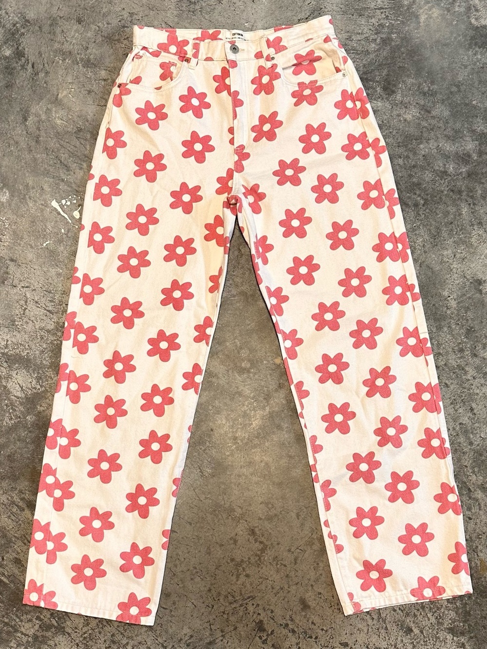 Cotton On Women's Loose Straight Floral Denim Jeans White with Pink Flowers